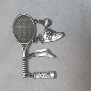 Vintage JJ Jonette Jewelry Pewter Tennis Racket Art Pin Dangle Charm Brooch Pin